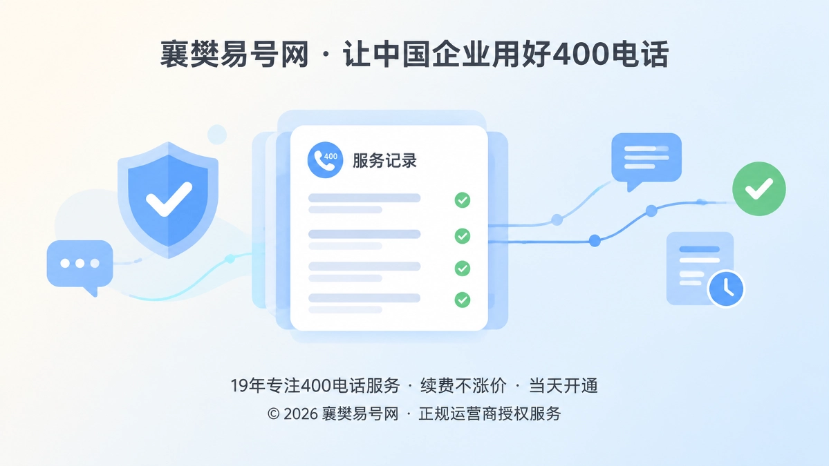 企业通信服务记录卡片与数据流线组成的抽象扁平插画，象征400电话承诺可核验